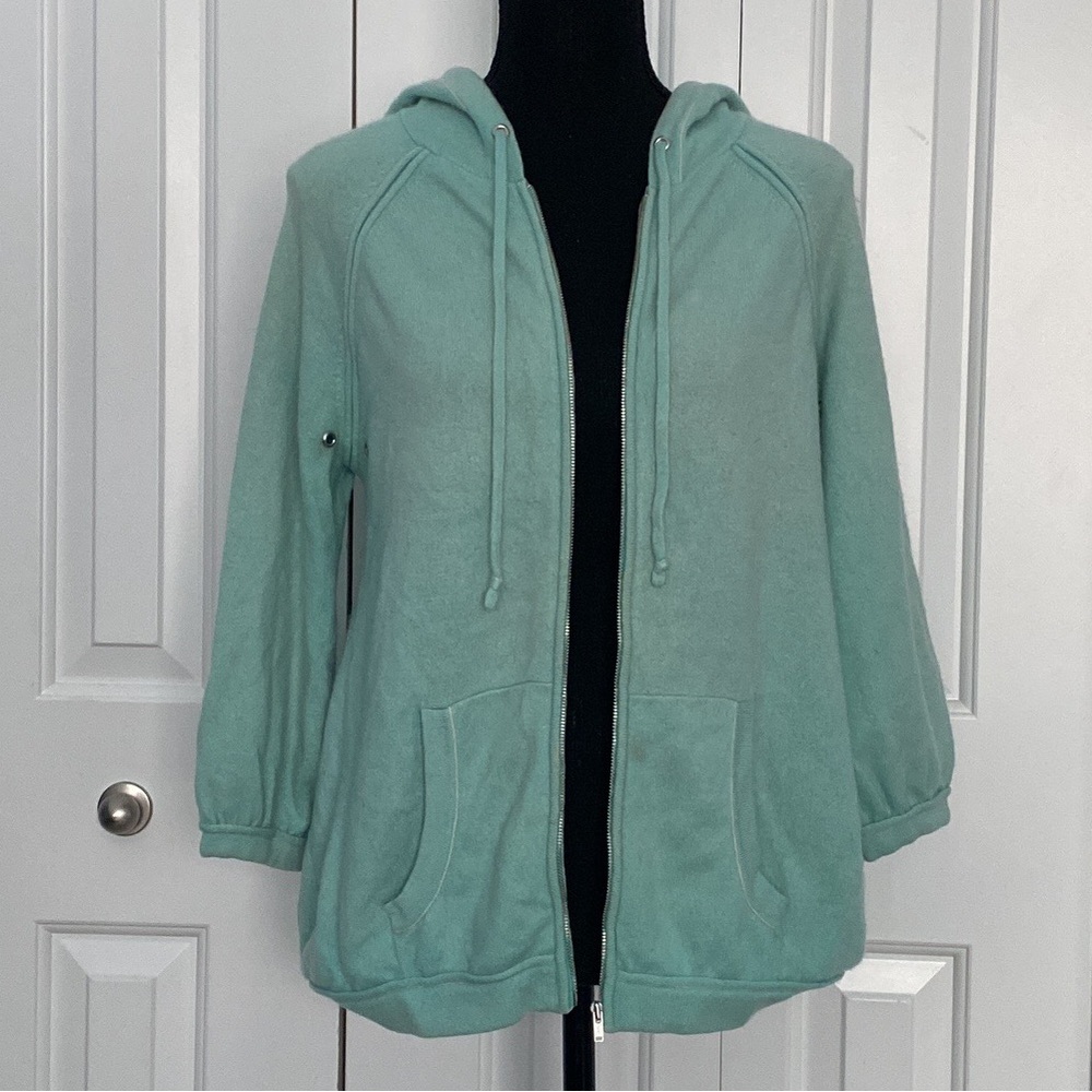 Calypso St. Barth Large 100% Cashmere Teal Light Blue Zip Up Jacket 3/4 Sleeve